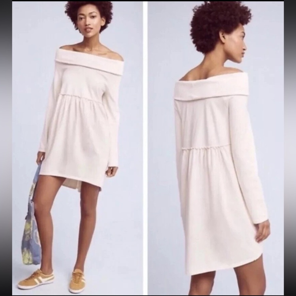 ANTHROPOLOGIE SATURDAY SUNDAY Cowl Neck Dress Beige Long Sleeve Cozy Loungewear